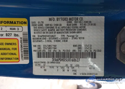 2020 Ford Fusion Se z USA, uszkodzony, nr VIN 3FA6P0HD5LR168627